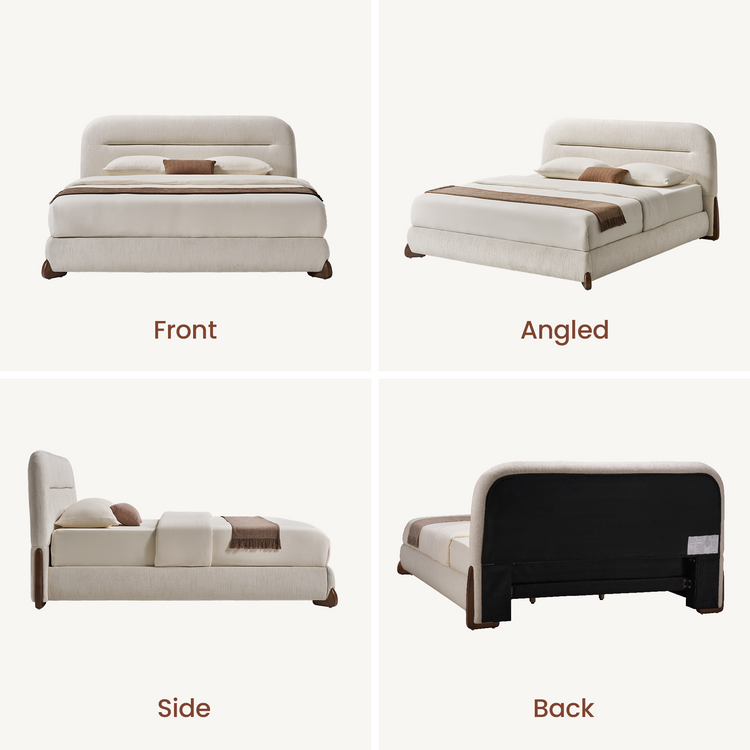 Cama de plataforma acolchada Queen con patas de madera maciza y cabecero ergonómico de 5° - Sylva