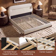 Cream upholstered bed frame with a rounded headboard and exposed slats, shown with three close-ups of corner brackets, black strips beneath the slats, and center support legs.