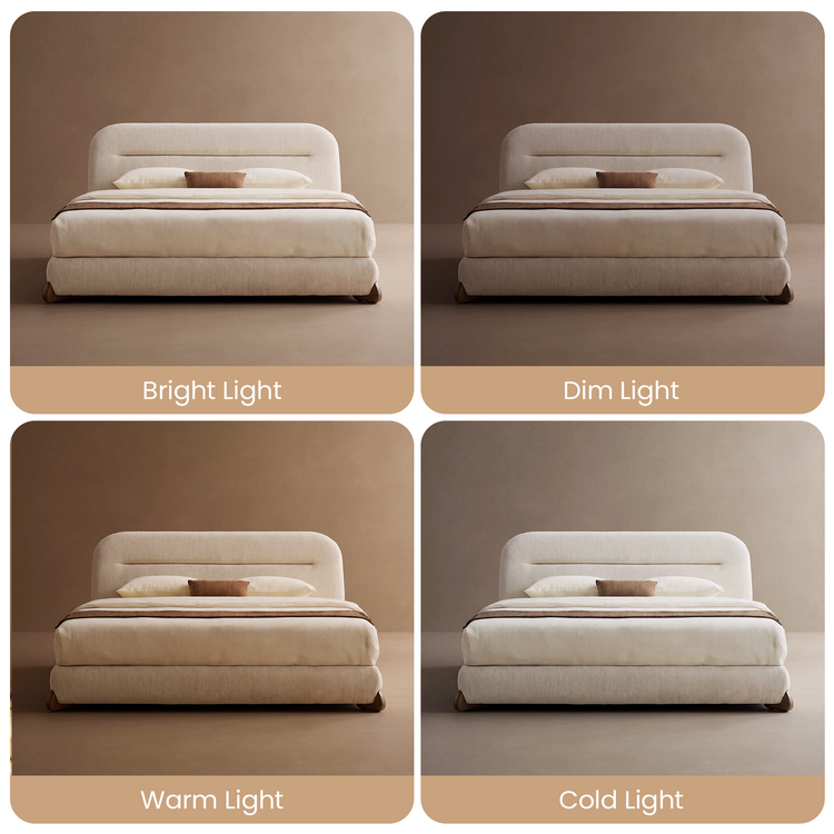 Four-panel comparison of a cream upholstered bed with a rounded headboard, white bedding and a brown cushion, labeled Bright Light, Dim Light, Warm Light and Cold Light.