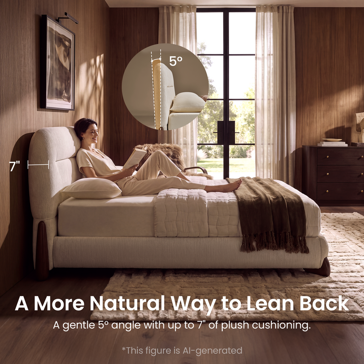Cama de plataforma acolchada Queen con patas de madera maciza y cabecero ergonómico de 5° - Sylva