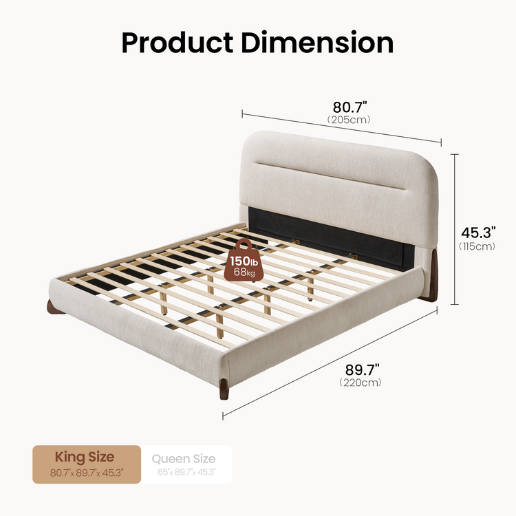 Dimension diagram of a cream bed frame with a rounded headboard and exposed slats, labeled 80.7 inches wide, 89.7 inches long and 45.3 inches high.