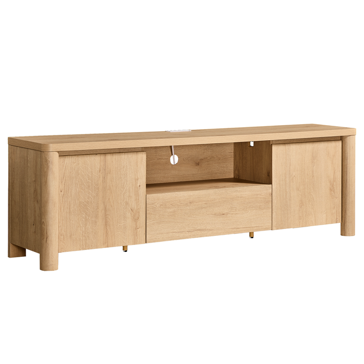 A light wood cabinet with two doors, a central drawer, and an open shelf above it.