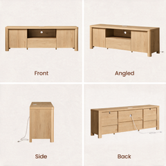 Four views of a light wood cabinet show its front, angled side, narrow side, and back, including doors, a central drawer, an open shelf, and a power cord.