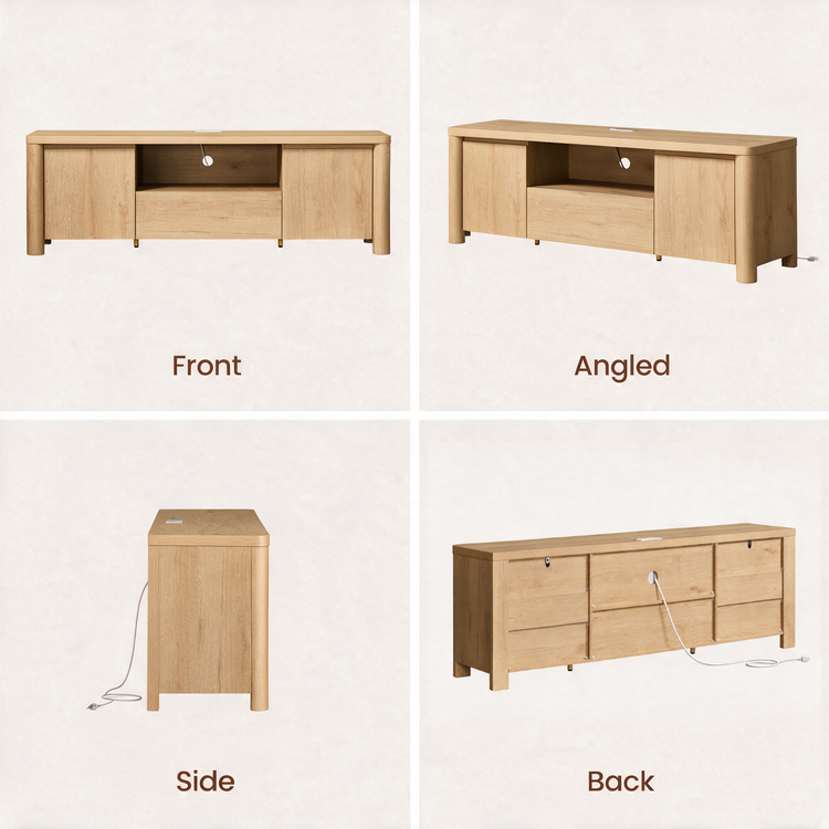 Four views of a light wood cabinet show its front, angled side, narrow side, and back, including doors, a central drawer, an open shelf, and a power cord.