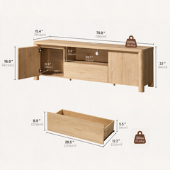 A dimension diagram shows a low cabinet with an open left door and center drawer, plus a separate drawer below; measurement labels and weight icons are shown.