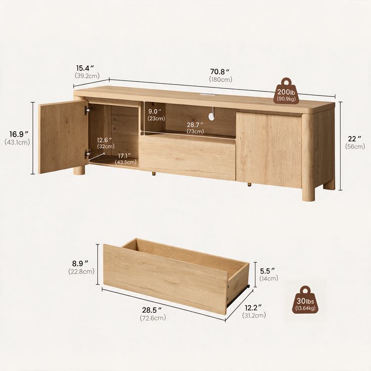 A dimension diagram shows a low cabinet with an open left door and center drawer, plus a separate drawer below; measurement labels and weight icons are shown.