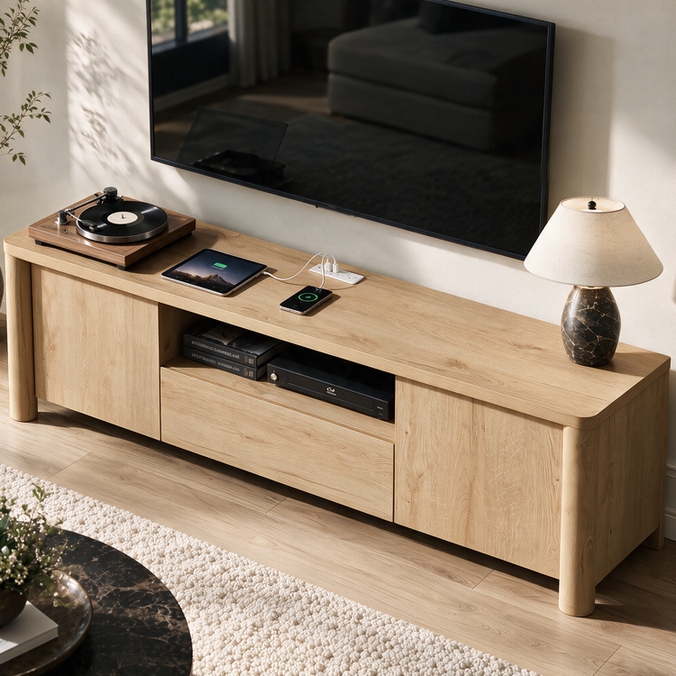 A light wood media console beneath a wall-mounted television, with a turntable, tablet, charging devices, books, and a table lamp.