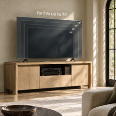 A television above a console is overlaid with outlines labeled 60, 65, 70, and 75 inches; text says it fits TVs up to 75 inches.