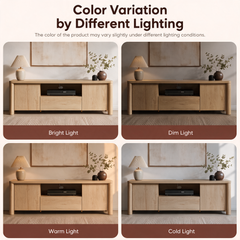 Four side-by-side views compare a light brown cabinet under bright, dim, warm and cold lighting, with a pleated-shade lamp and a vase of leafy branches on top.