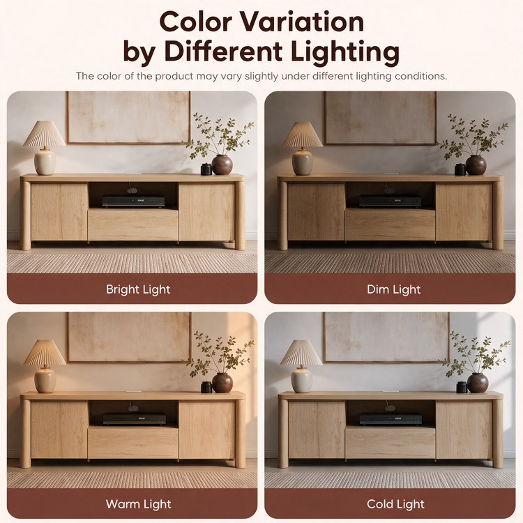 Four side-by-side views compare a light brown cabinet under bright, dim, warm and cold lighting, with a pleated-shade lamp and a vase of leafy branches on top.