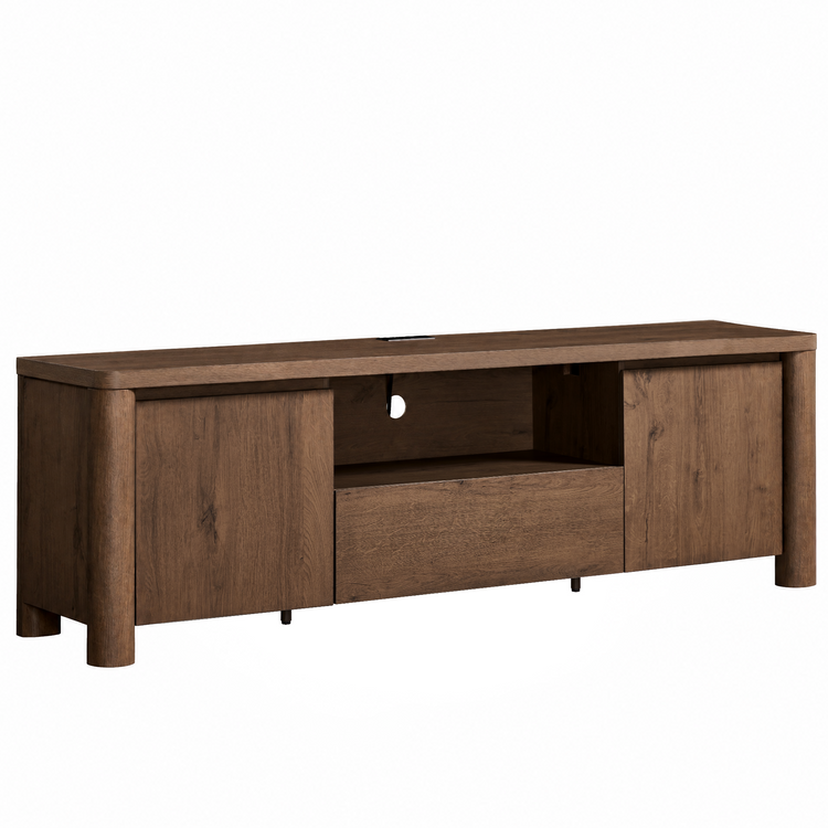Brown wood-grain cabinet with two side doors, an open central compartment above a wide drawer, rounded corner legs, and a circular opening in the back panel.
