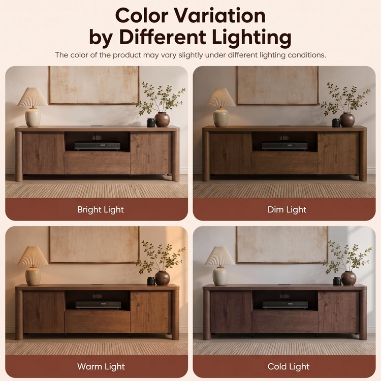 Four-panel comparison shows a brown cabinet with side doors and an open center shelf under bright, dim, warm and cold lighting, with a lamp and leafy vase on top.