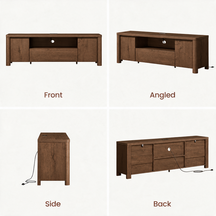 Front, angled, side and back views of a brown wood-grain cabinet with two side doors, an open central shelf, a lower drawer and a cord extending from the back.