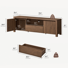 Dimension diagram of a brown cabinet with an open left door, a closed right door, a central shelf and drawer, plus a separate drawer view and weight-limit labels.