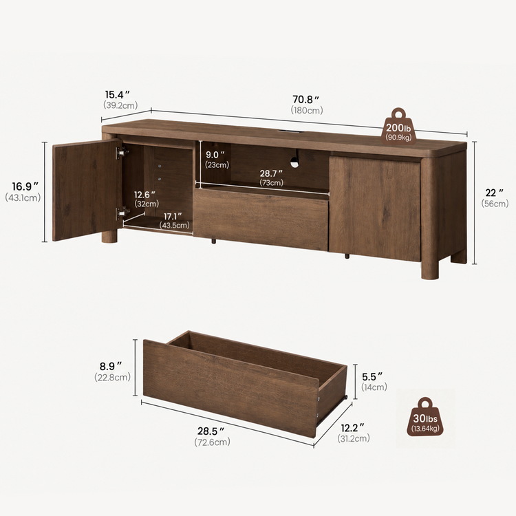 Dimension diagram of a brown cabinet with an open left door, a closed right door, a central shelf and drawer, plus a separate drawer view and weight-limit labels.