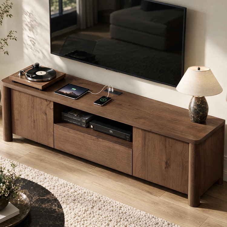 Brown wood-grain media console beneath a wall-mounted TV, with side cabinets, a central drawer and shelf, a record player, charging tablet and phone, and a table lamp.
