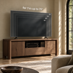 Diagram showing 60-, 65-, 70- and 75-inch TV outlines above a brown console with two side doors, a central drawer and an open shelf holding electronics and books.
