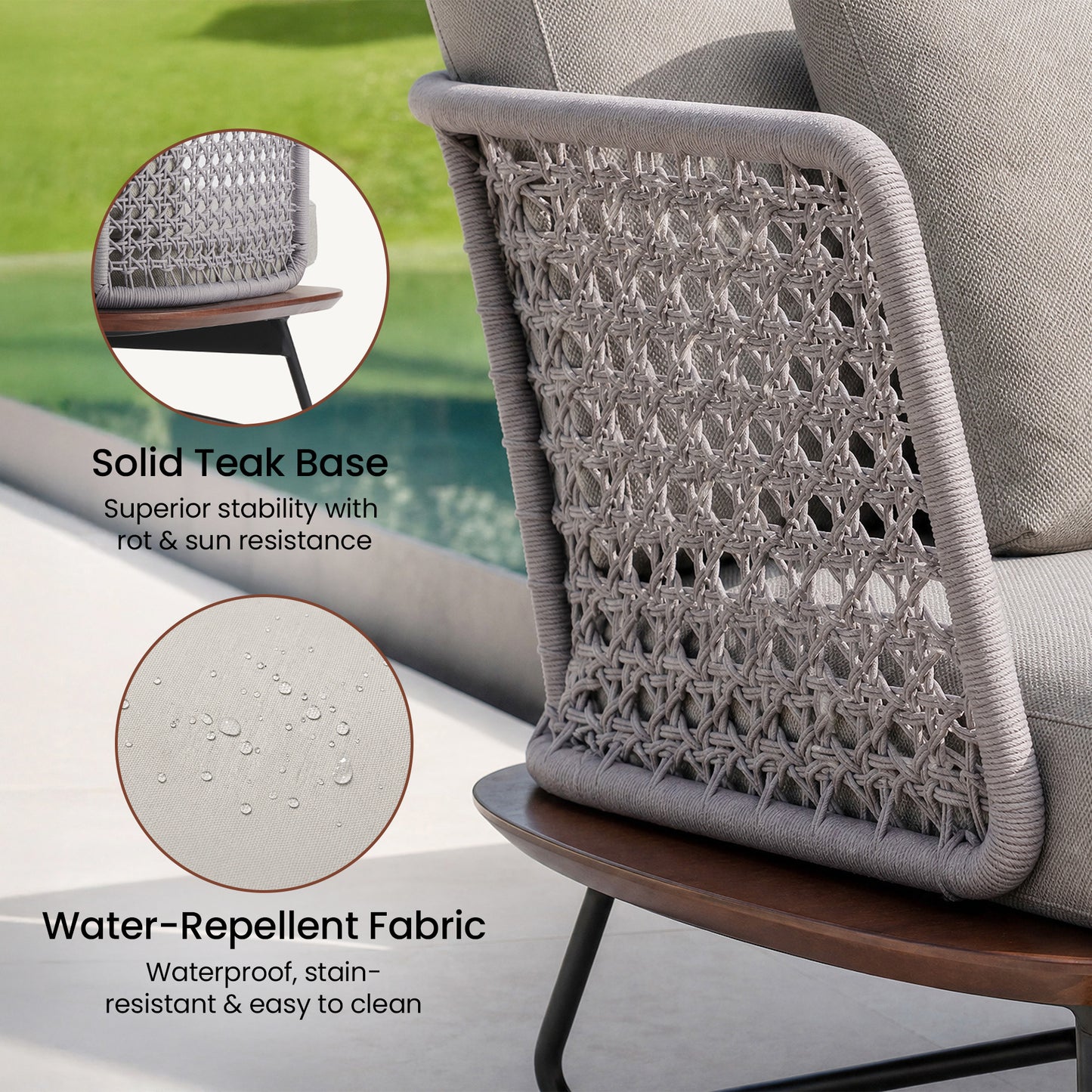 The side panel has an open woven pattern, One circular inset shows droplets resting on the cushion surface