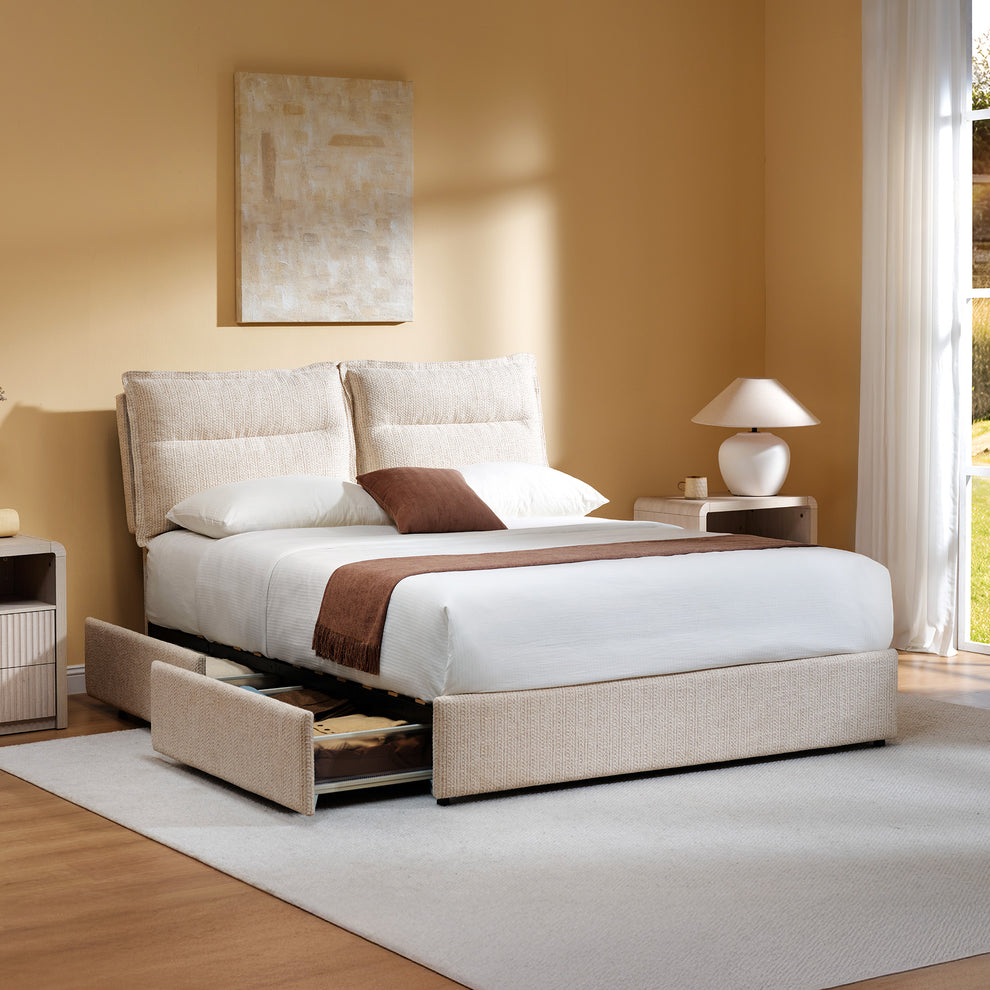 Tareya Queen Upholstered Bed Frame with 4 Storage Drawers, Beige