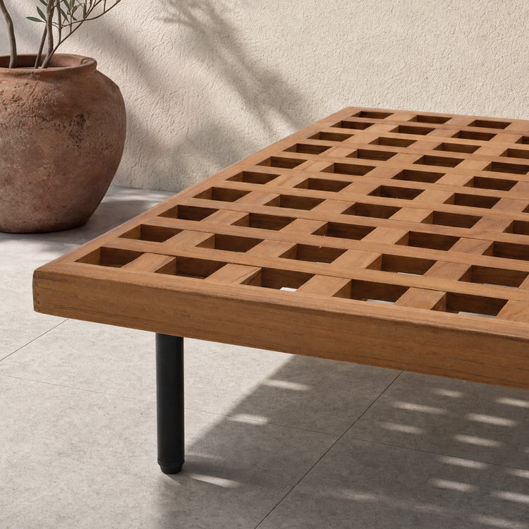 63" Outdoor Natural Solid Teak Lattice Rectangular Coffee Center Table