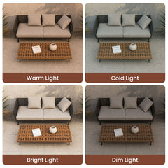 Natural teak lattice coffee table shown outdoors under warm, cold, bright, and dim lighting