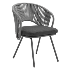 Gray woven dining chair shown on a plain background