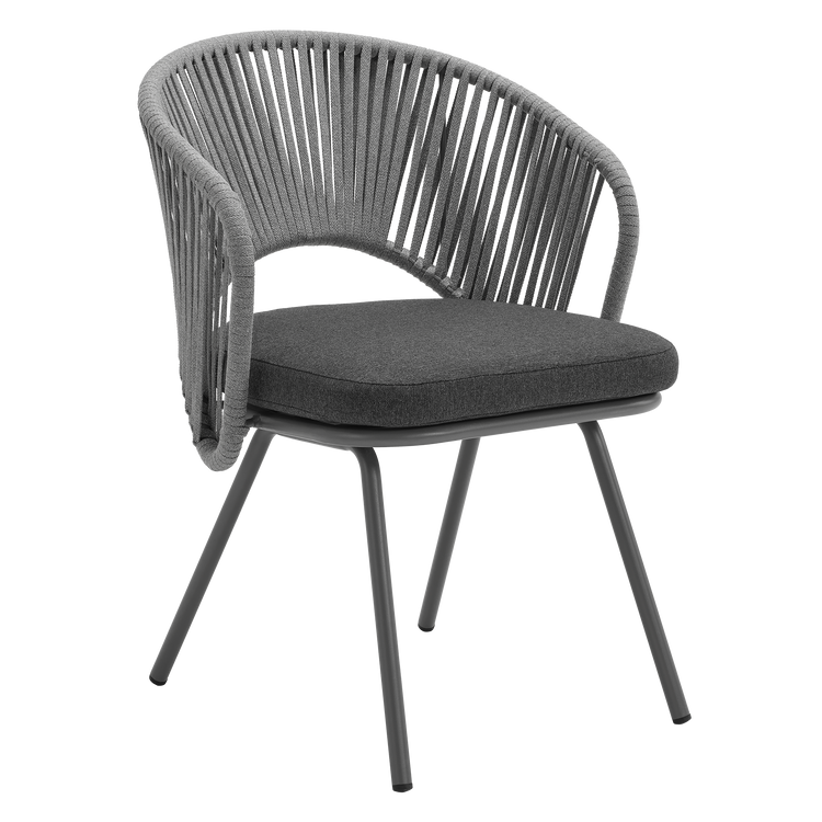 Gray woven dining chair shown on a plain background
