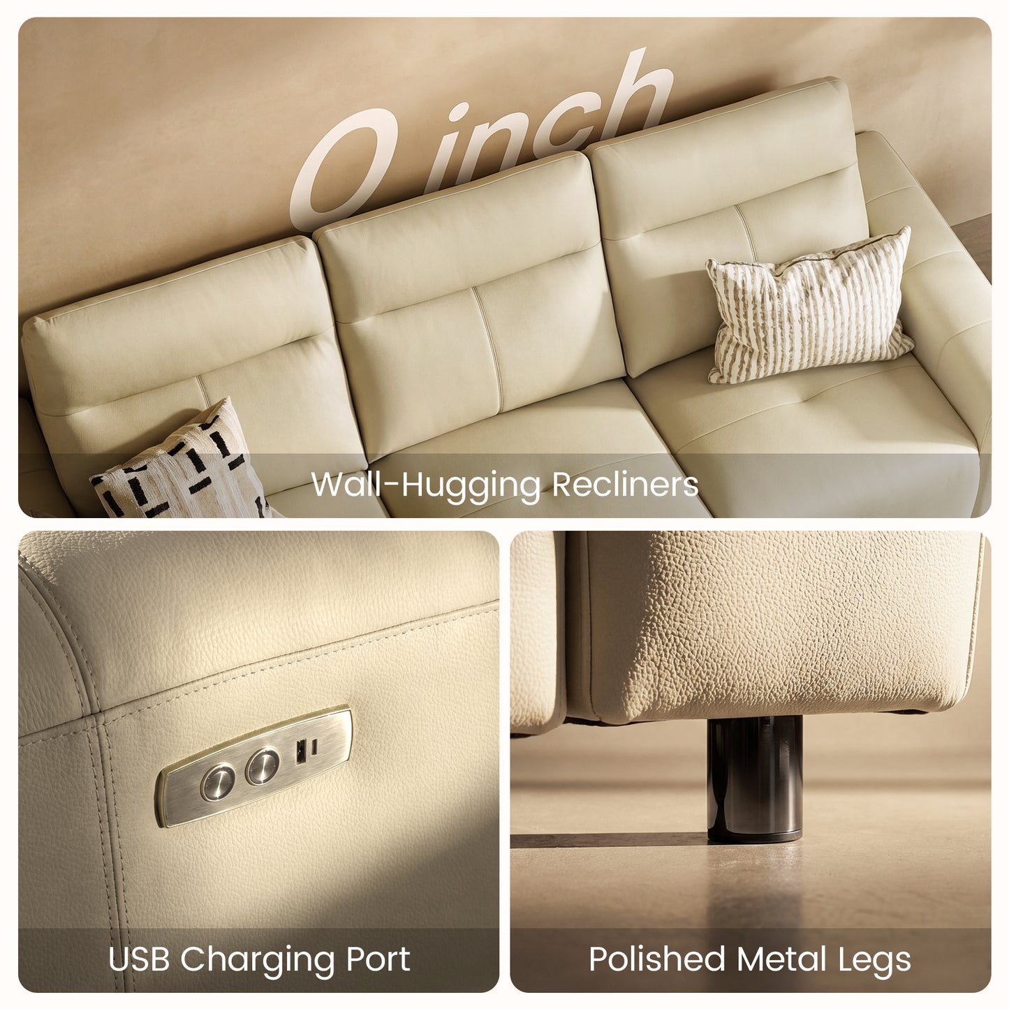 [Pre-sale] 112" Top Grain Leather Power Reclining Sofa，Zero Wall Design