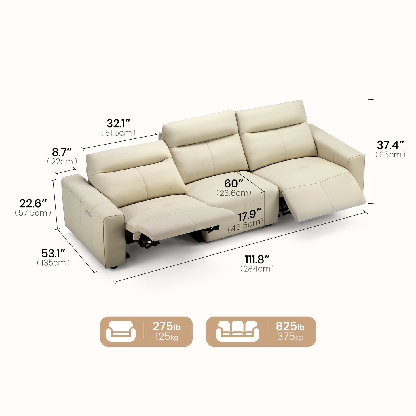 [Pre-sale] 112" Top Grain Leather Power Reclining Sofa，Zero Wall Design