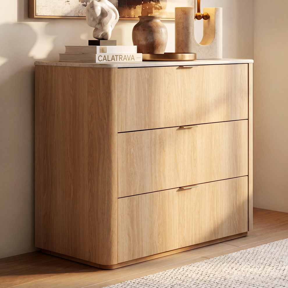 Travertine-look 3-Drawer Chest of Drawers, Natural