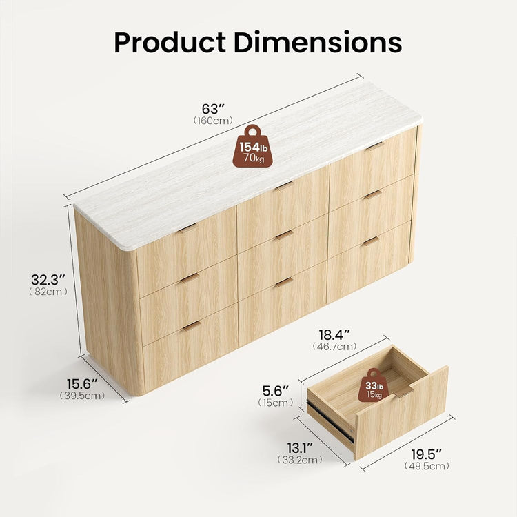 [Preventa] Cómoda Elaren de 9 cajones con apariencia de travertino y mesa de noche de 2 cajones (juego de 2), Natural