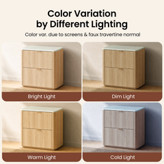 Four panels compare the same pale wood cabinet under different lighting