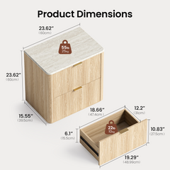 A drawer cabinet has a veined rounded-corner top, wood-grain body, and bar pulls