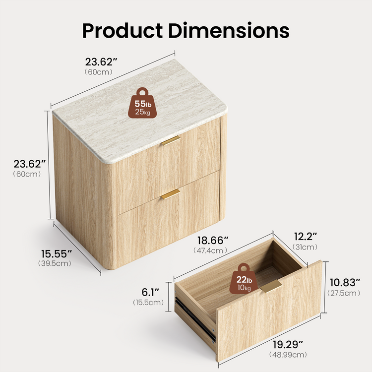 A drawer cabinet has a veined rounded-corner top, wood-grain body, and bar pulls