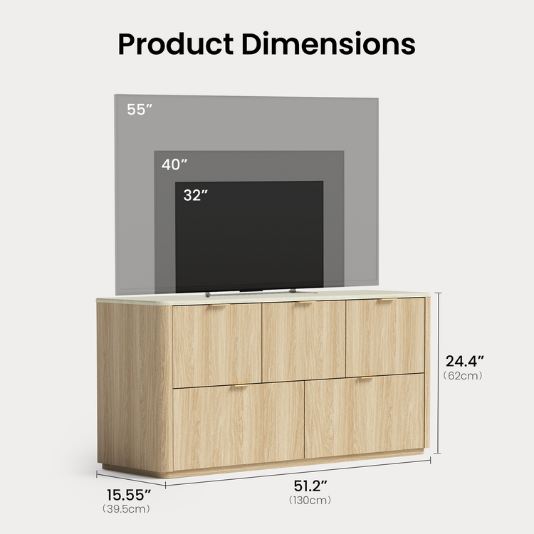 Graphic shows a light wood cabinet beneath three television size outlines