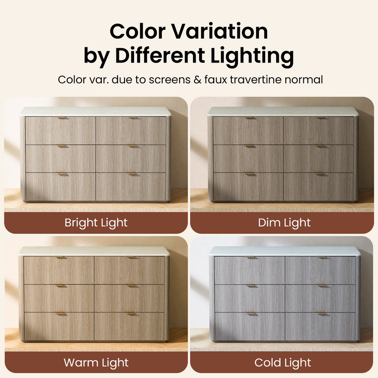Four panels show the same light wood-toned six-front cabinet under labeled lighting conditions