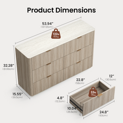 Dresser shows 53.94 in width, 15.55 in depth, and 32.28 in height