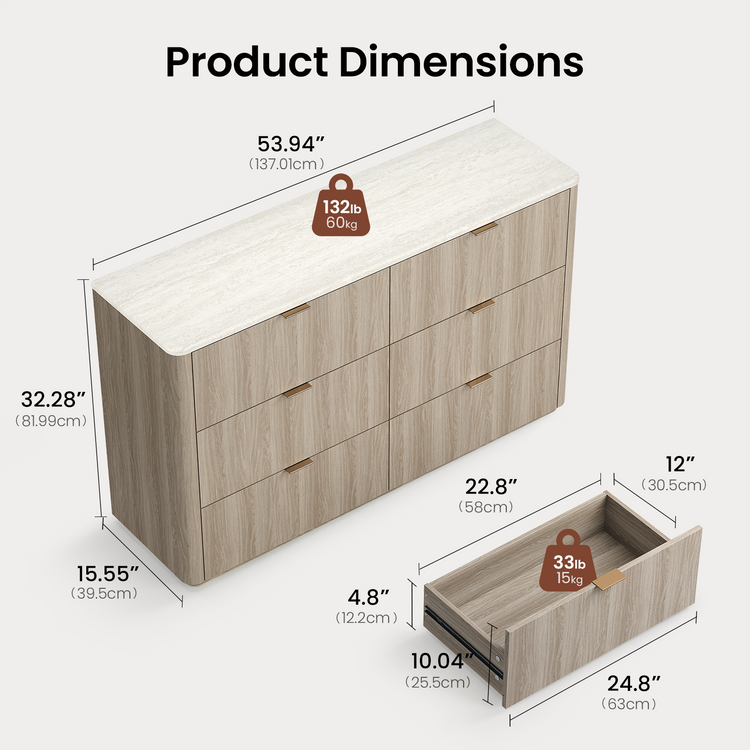 Dresser shows 53.94 in width, 15.55 in depth, and 32.28 in height