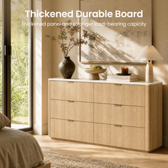 Light wood-grain dresser has six drawers, small rectangular pulls, and a pale rounded top