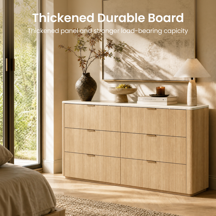 Light wood-grain dresser has six drawers, small rectangular pulls, and a pale rounded top