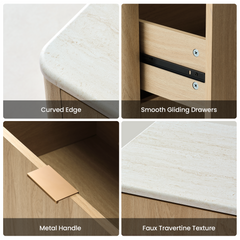 Four-panel collage shows drawer hardware, rounded edge, and surface texture, Close-ups include an open drawer and a horizontal handle