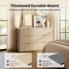 Six-drawer dresser graphic compares board thickness labeled 2 in with 1.2 in