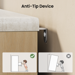 Wall-mounted bracket connects a cabinet top to the wall above two safety illustrations