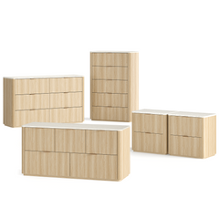Five matching light wood-grain storage pieces display rounded corners, pale tops, and slim gold-tone pulls