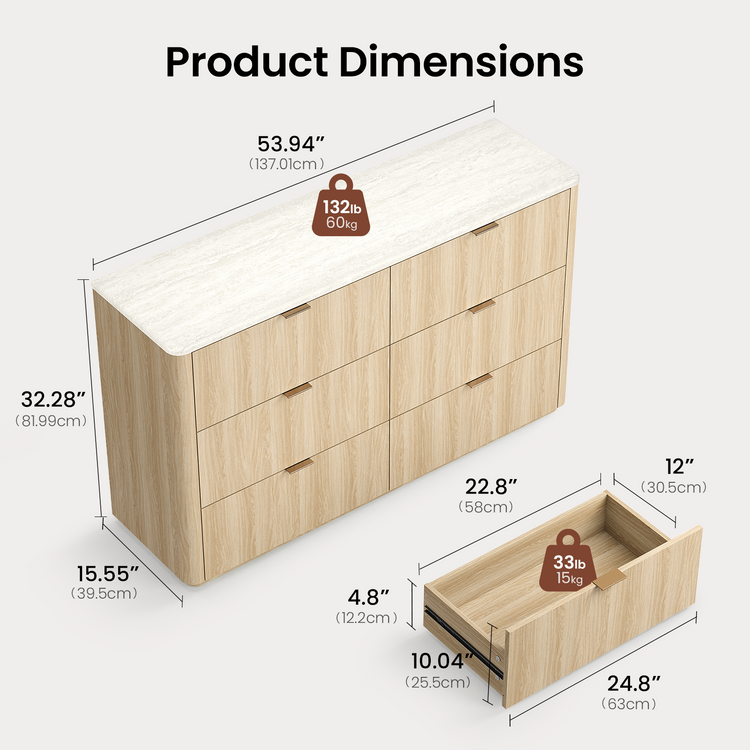 Dresser shows 53.94 inches width, 15.55 inches depth, and 32.28 inches height