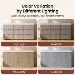 Four panels compare the same gray nine-drawer dresser under different lighting