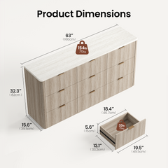Dimension graphic shows a pale wood nine-drawer dresser and separate drawer