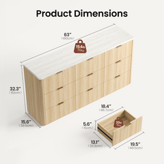Dimension graphic shows a light wood nine-drawer dresser and separate drawer