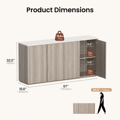 Dimension graphic shows a gray four-door sideboard with two interior shelves