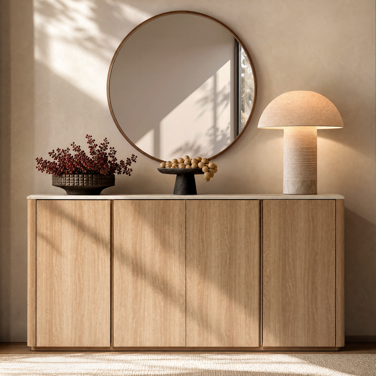 [Pre-Sale] Travertine Wood Accent Cabinet 67" 4-Door Handleless Soft-Close Sideboard